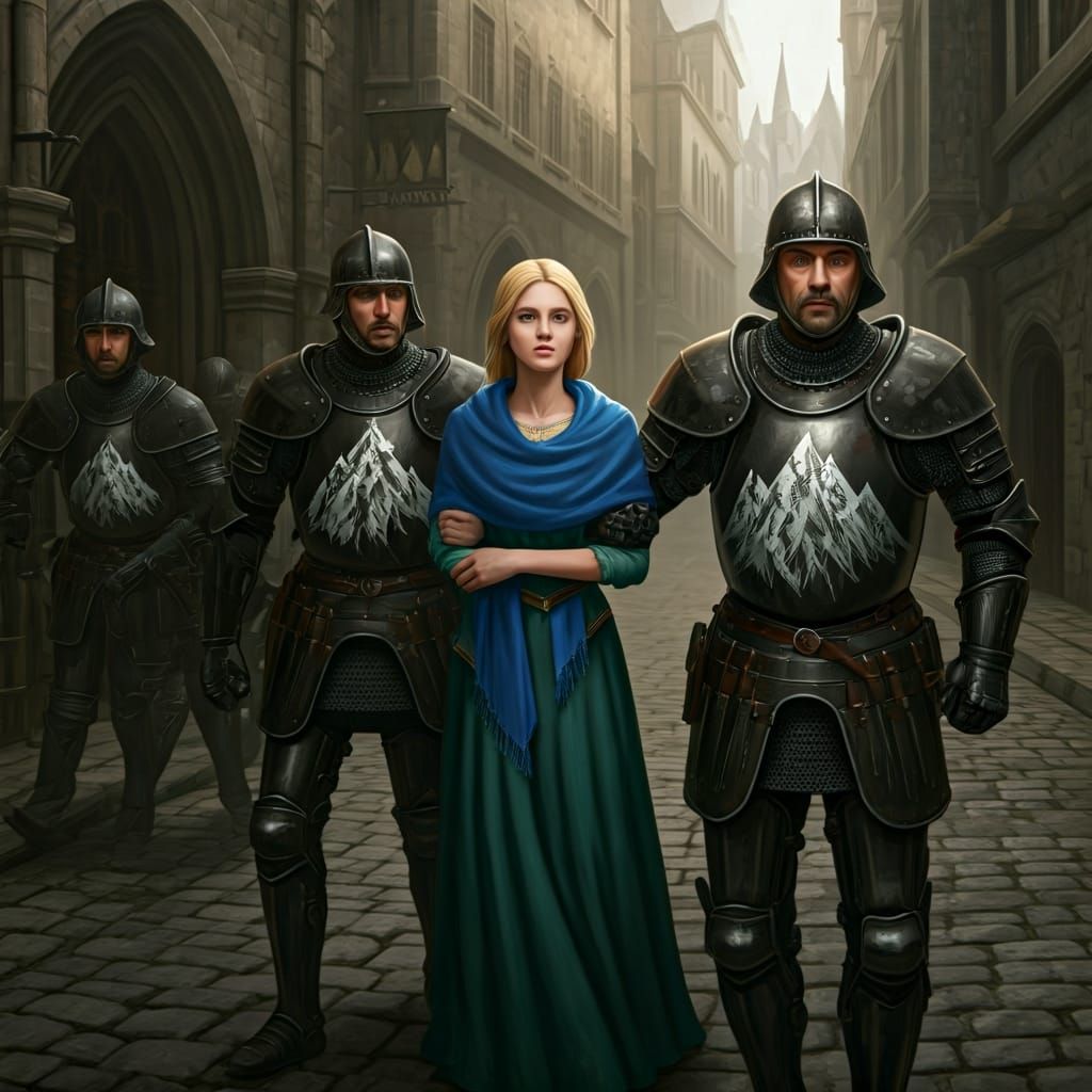 Armored Soldiers Detain Woman in Medieval City