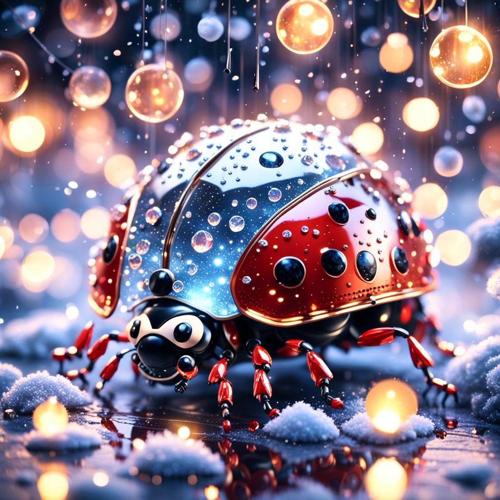 a small flying crystal ladybug, in a snowing sky, lots of fairy lights, intricate details, texture, depth, ...  by @undefined