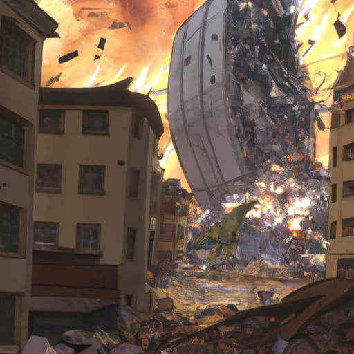 fight scene, destruction, torn buildings, broken glass, fire...