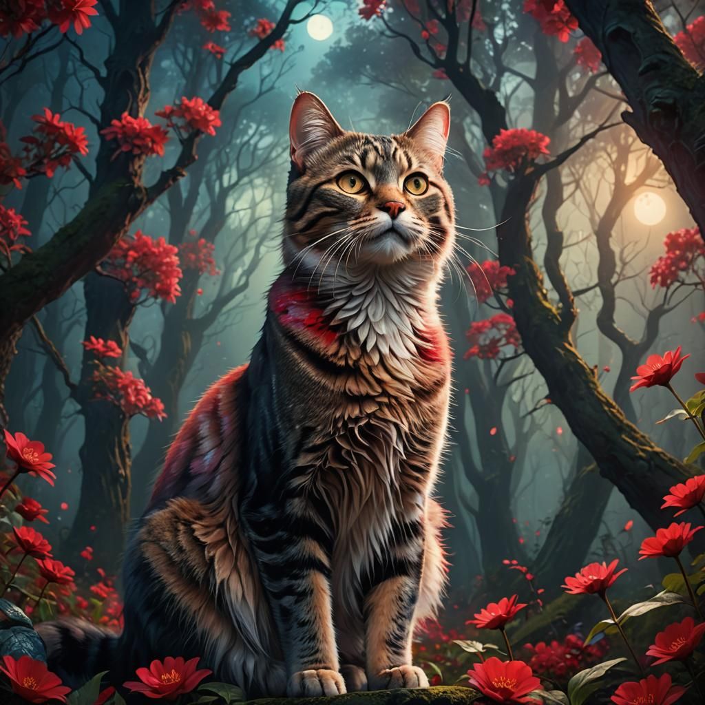 cat in a forest, surrounded by flowers