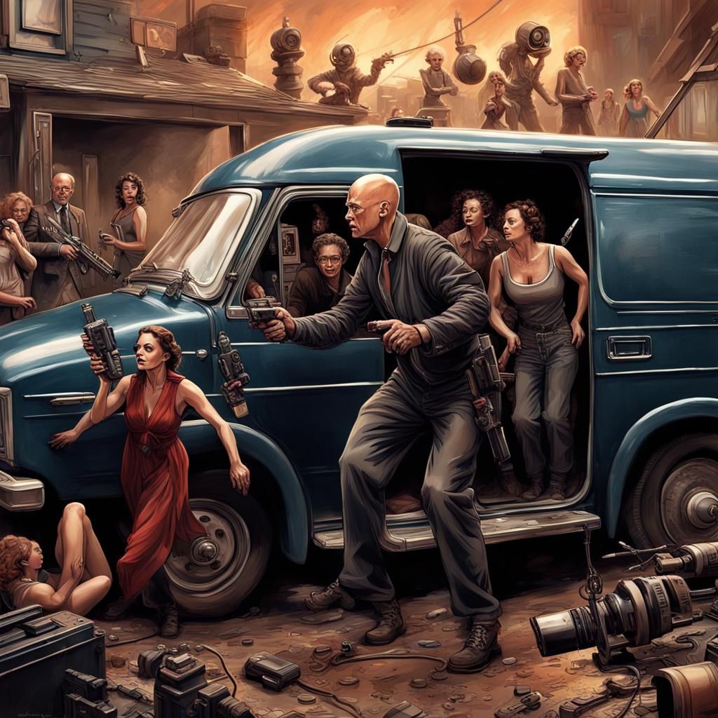 on a film set of a period movie, a bald terminator is exitin...