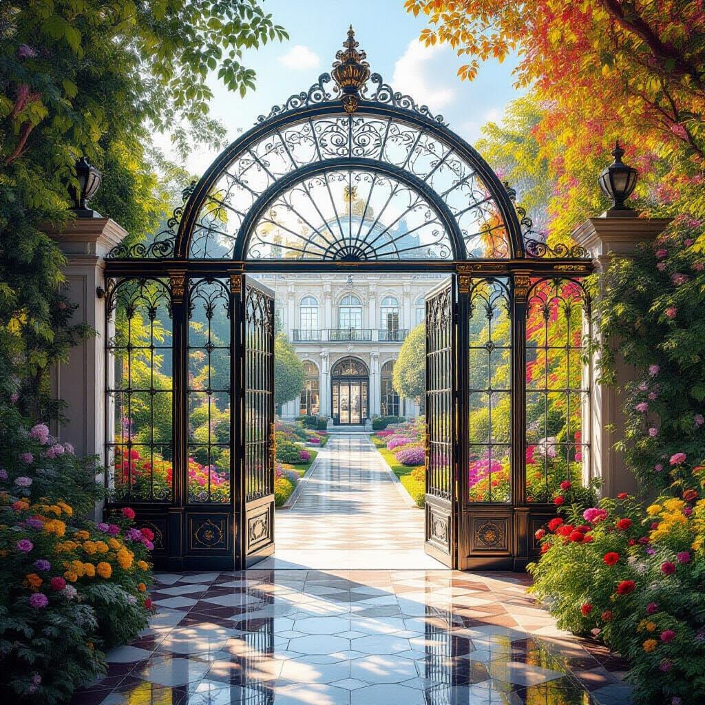 Luminous Glass Palace with Vibrant Courtyard