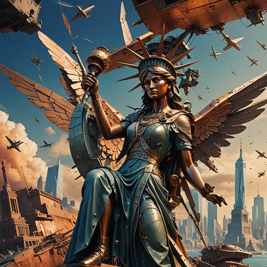 Statue of Liberty turns into a war plane with long wings