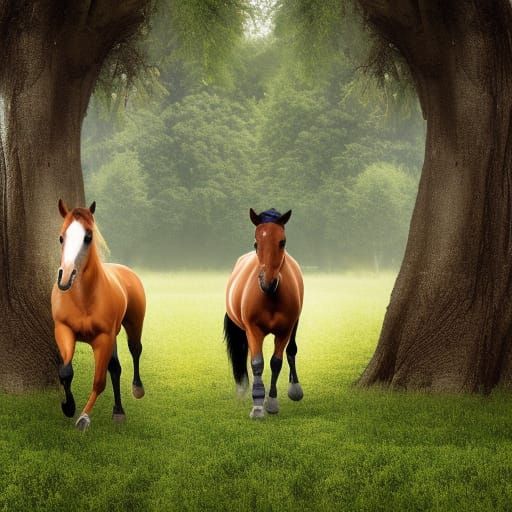 Horses running in a field with trees