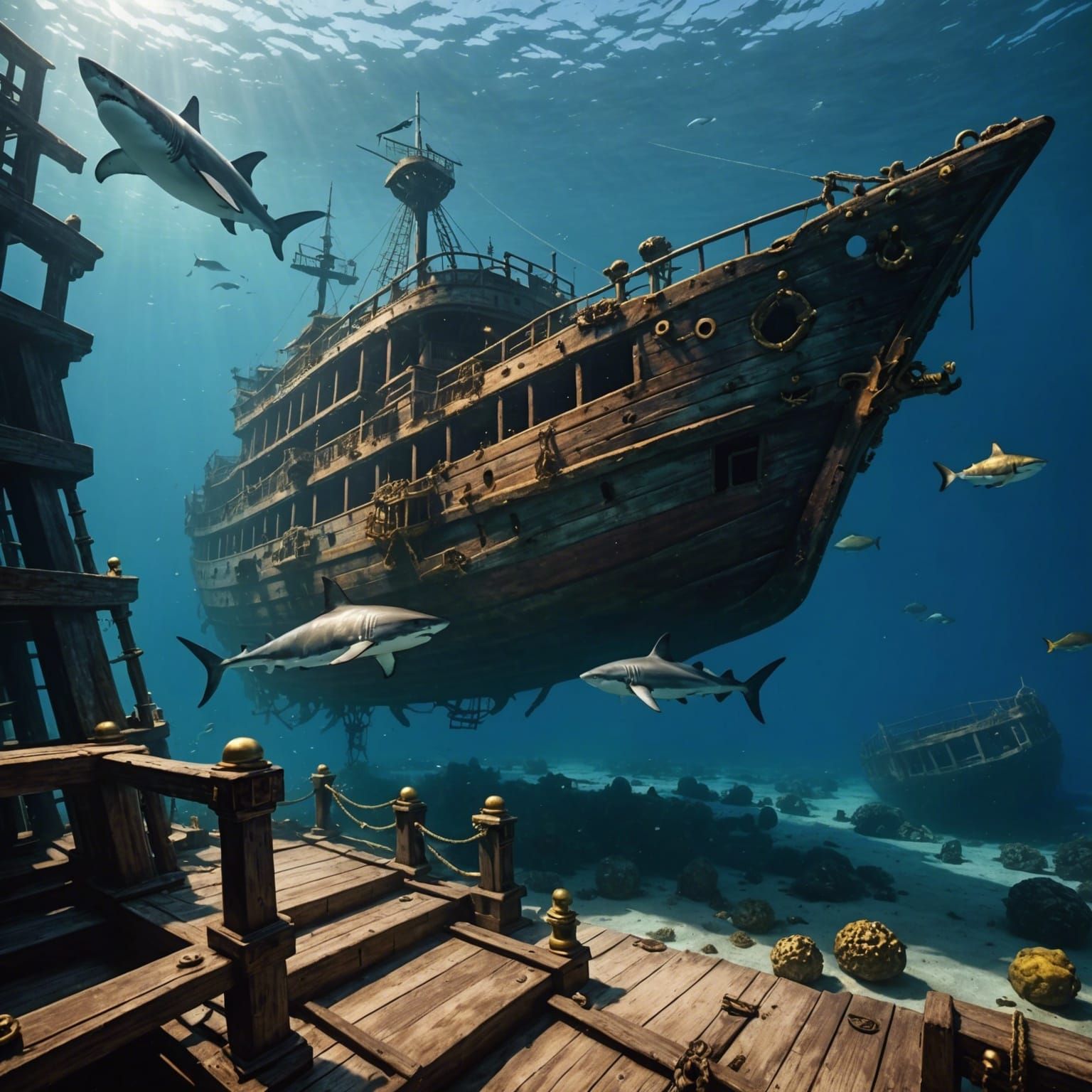 A sunken pirate ship at the bottom of sea with sharks surrounding it ...