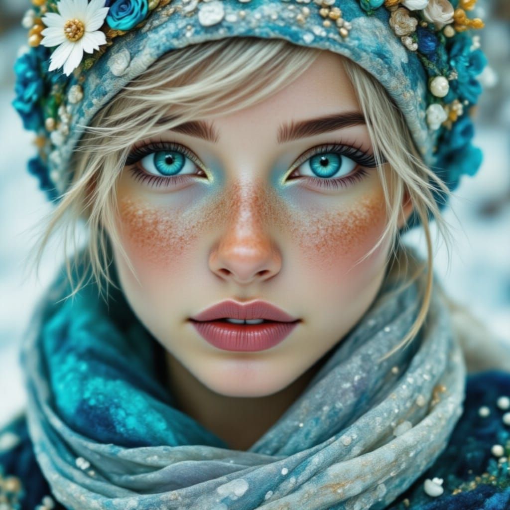 Ethereal Winter Portrait with Blue Eyes and Blonde Hair