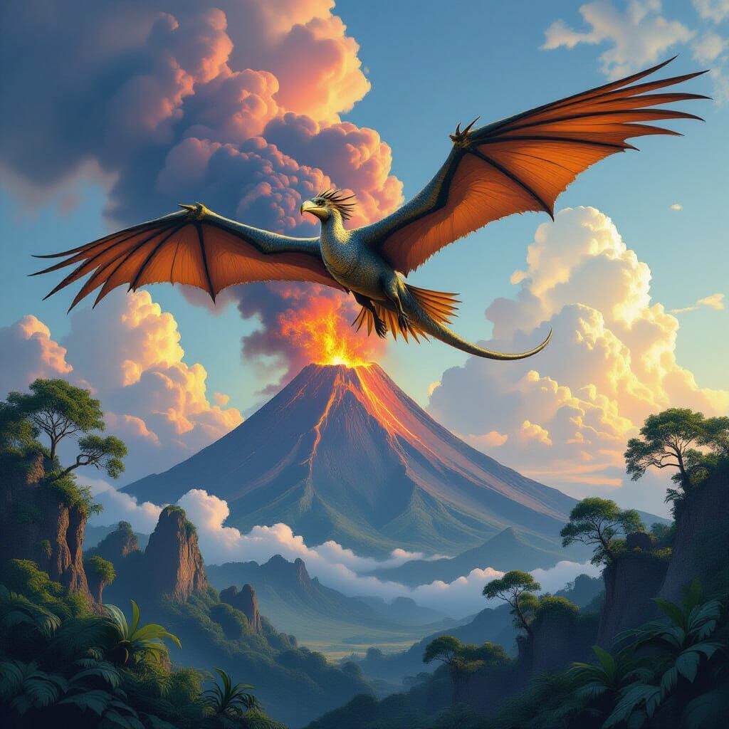 A large winged dinosaur peradactyl flying over a volcano spewing smoke in a prehistoric world, giant trees and ferns