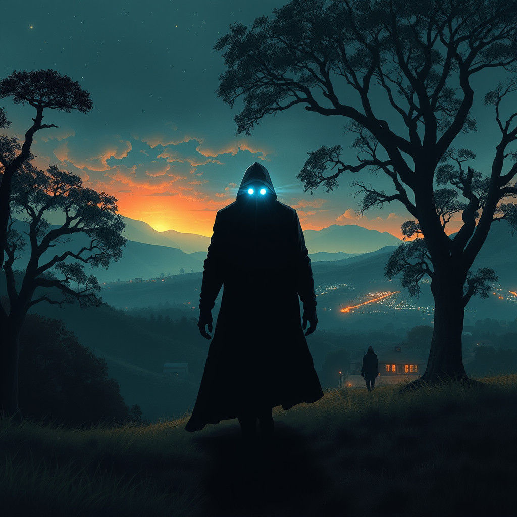 Shadowy Figure Emerges from Forest in Surreal Style