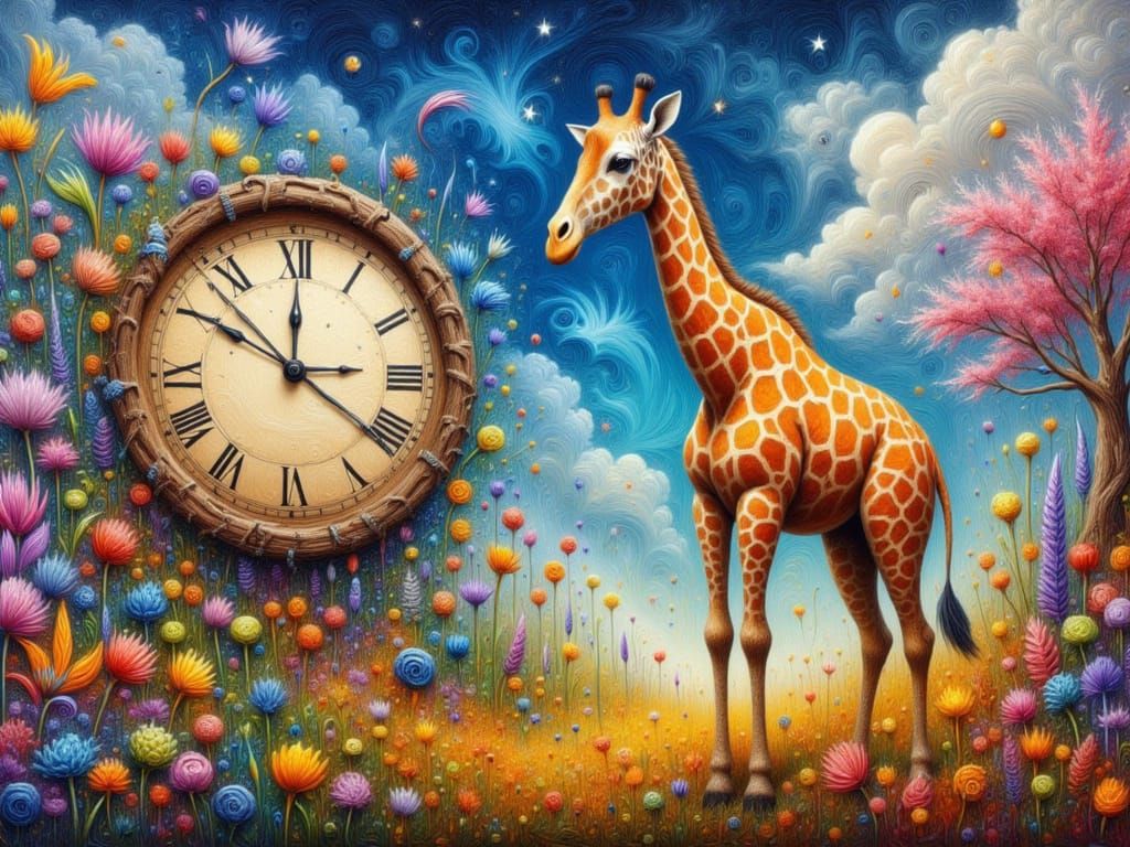 <lora:FiosTimeWarp:1.0> Whimsical hyper realistic Giraffe at 5 o'clock Fantasy vibrant colors. heavy thick acrylic paint, pallet knife