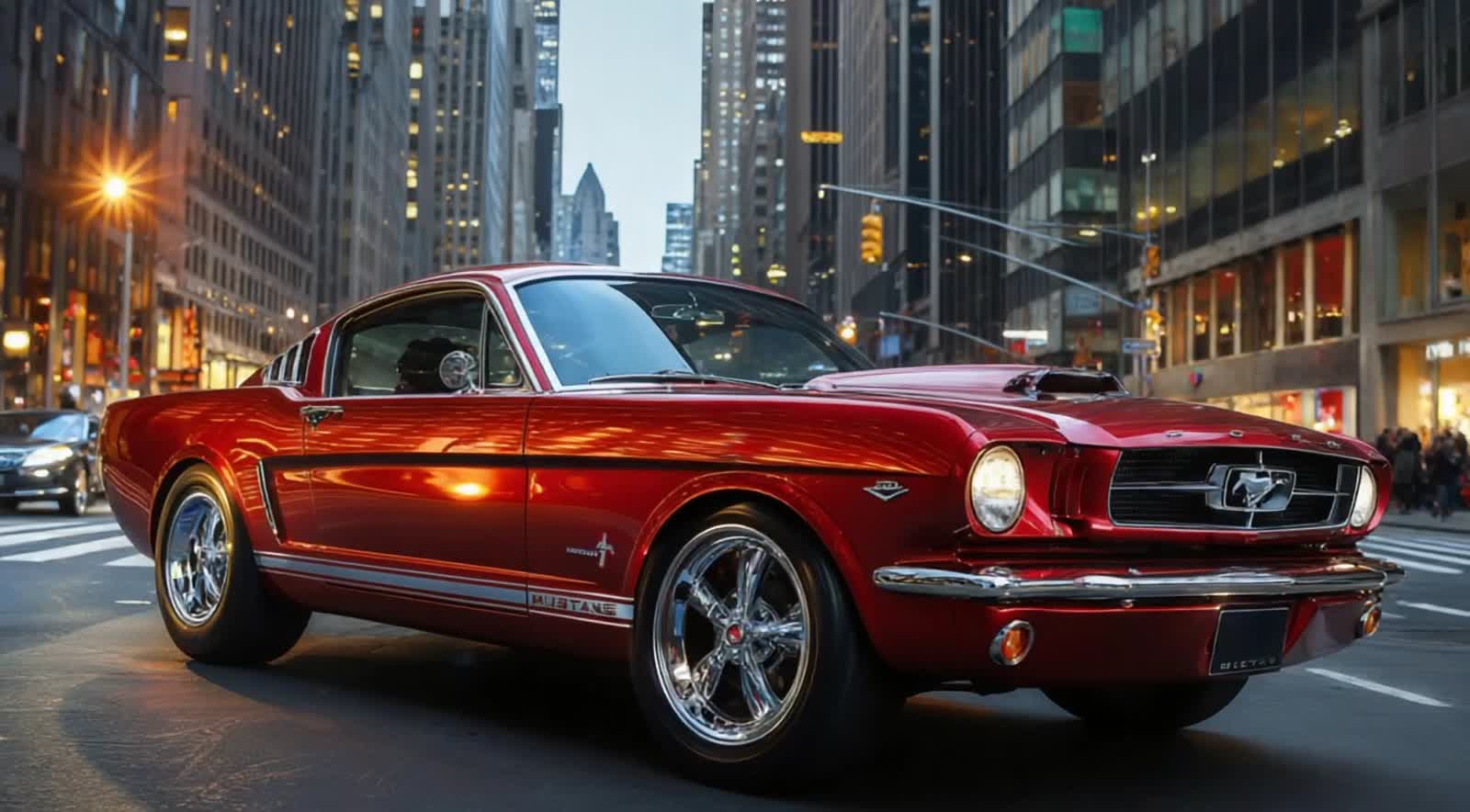 a fast mustang car racing down a newyork street
