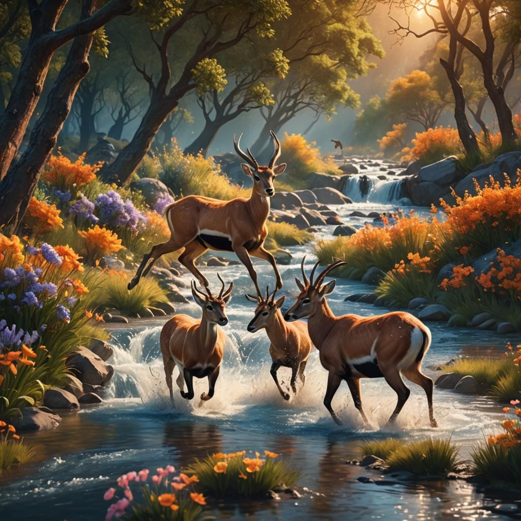 Antelopes Play in a Flowery Stream: Fantasy Concept Art