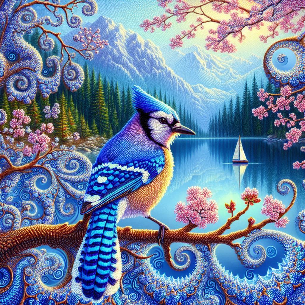 Vibrant embroidered bluejay perched on a cherry branch, abov...
