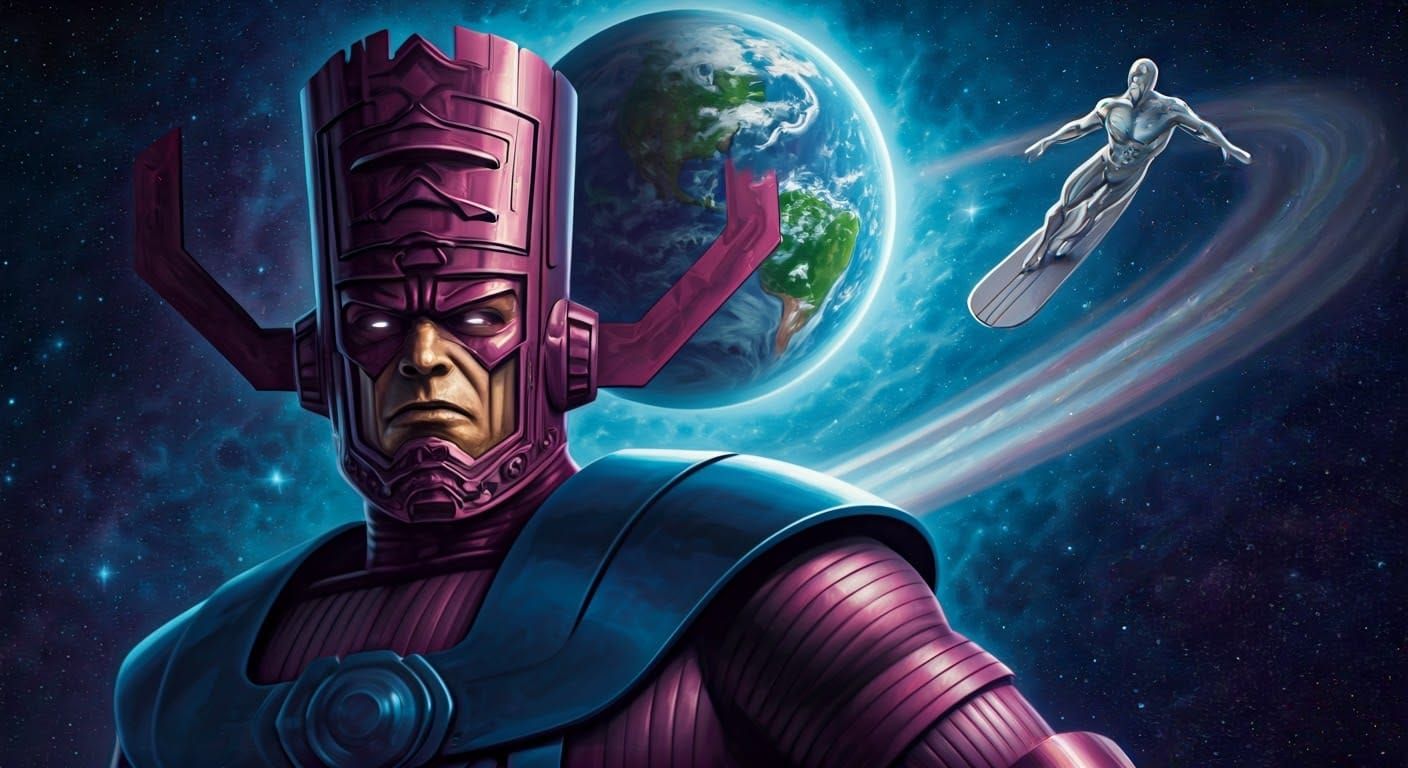 A painting of  Marvel’s Galactus absorbing a planet while Silver Surfer is surfing the universe.