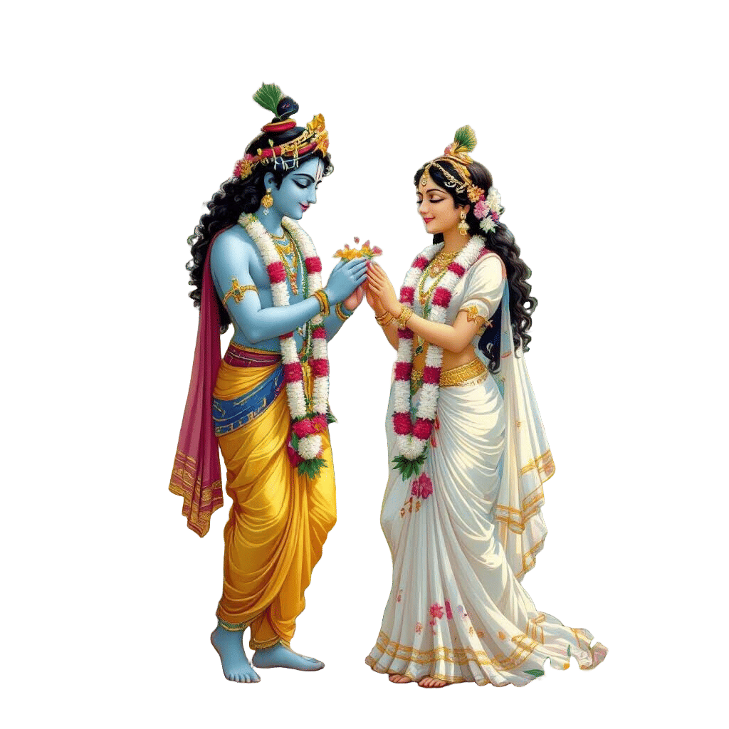 I want animation like that Krishna and Radha is standing on a beautiful village like full of trees and flowers and Krishna is going flowers ...