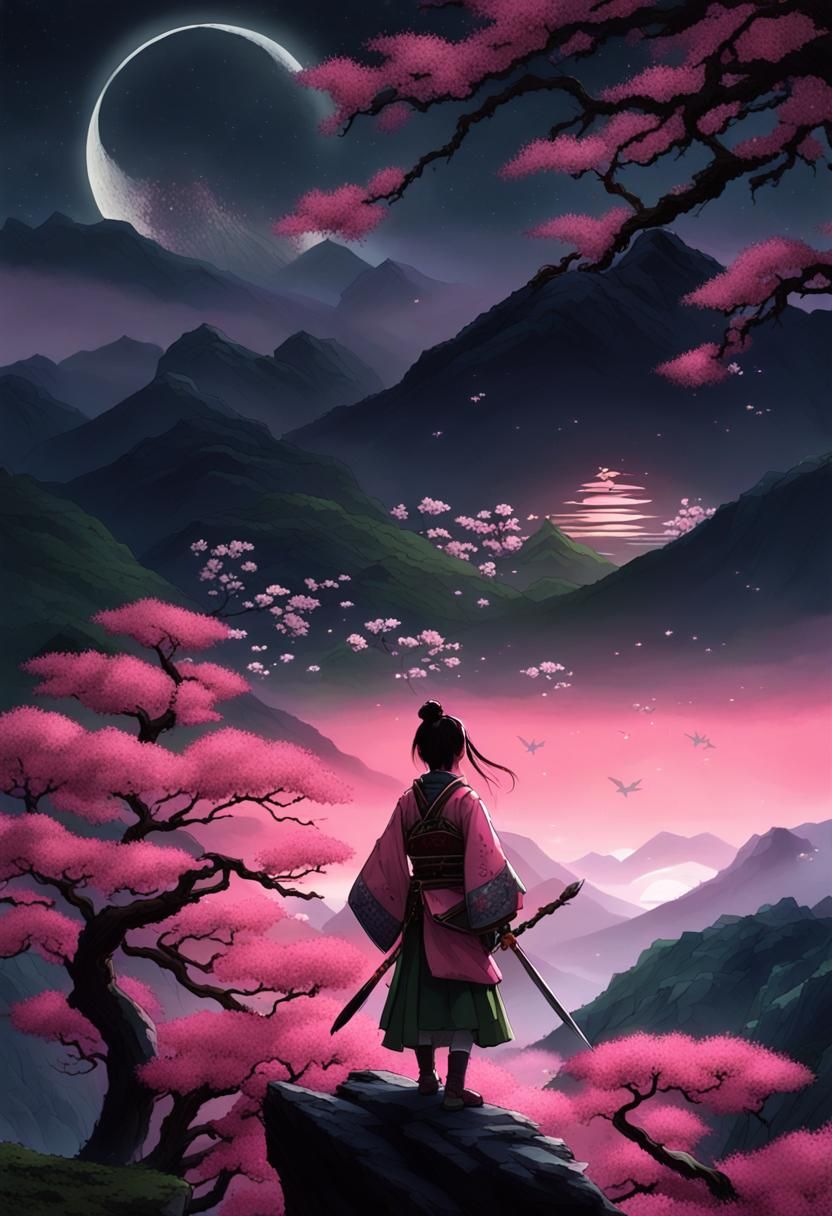 Samurai Girl Gazing at Moonlit Mountains
