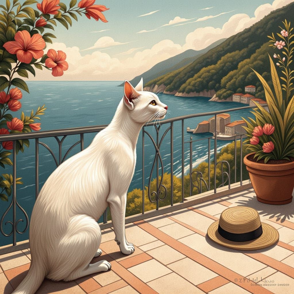 Beautiful white cat sitting next to a bougainvillier on the terrace of a fancy house, play of shadows, realistic faces in the ((style of Iri...