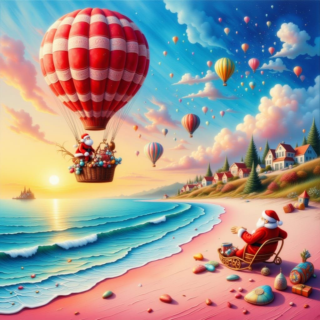 <lora:Water and Colour:1.0>Pink sands beach scene, Santa in a hot air balloon floating overhead the scenery, Christmas at the Beach, whimsic...