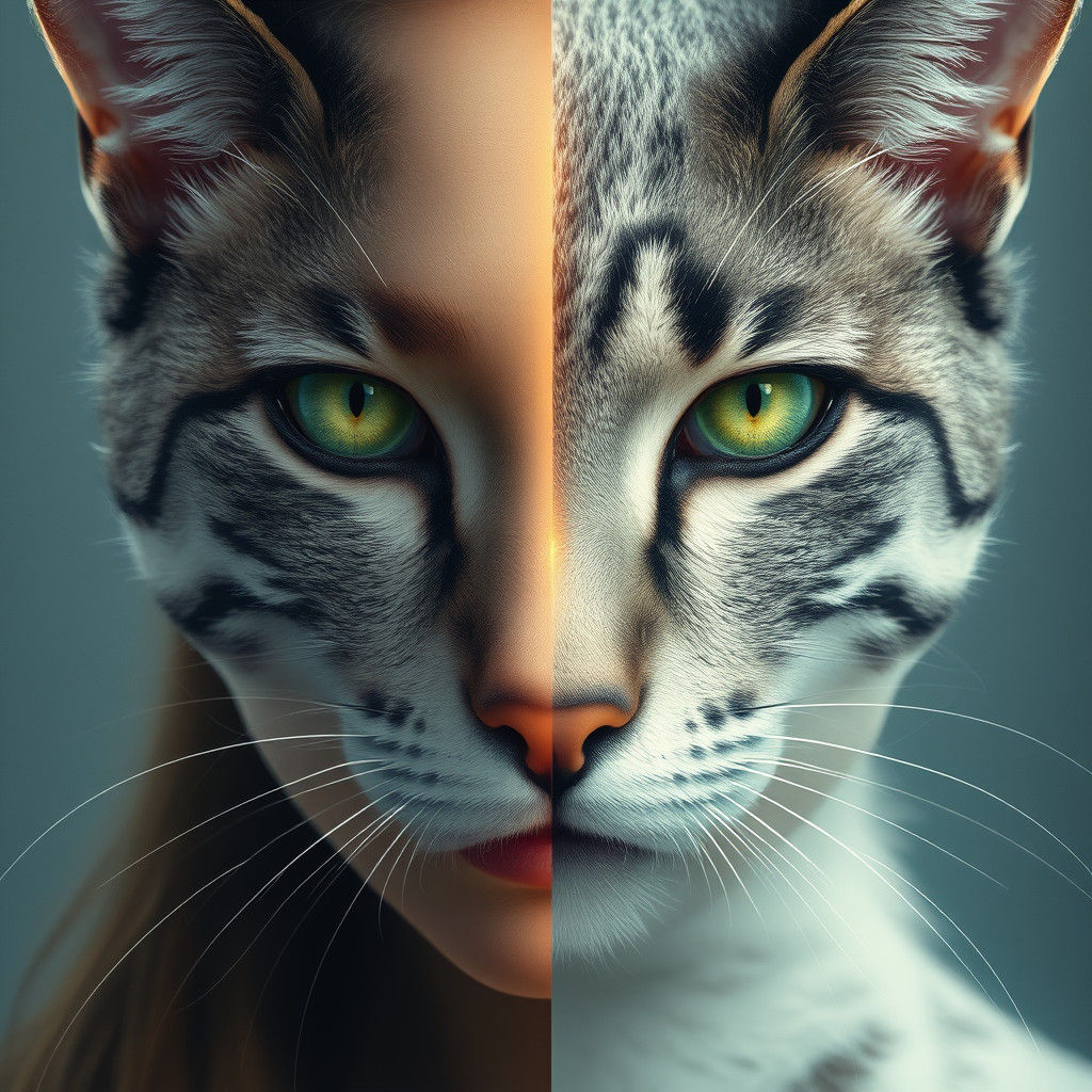 Ethereal Woman Merges with Feline Visage in Digital Art
