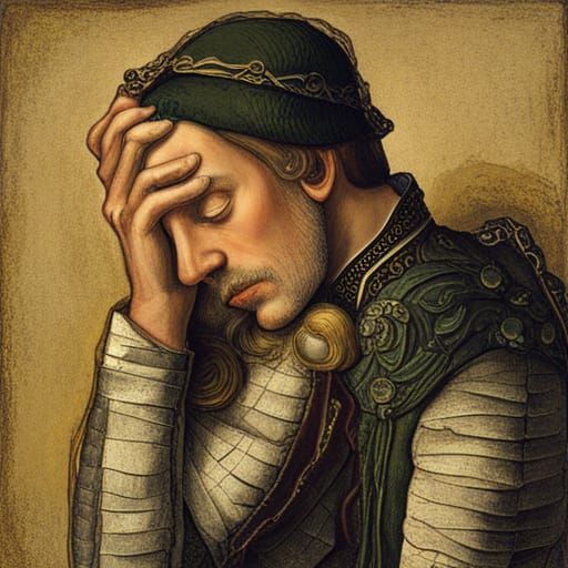 A man in medieval clothing without a head holds his head in ...