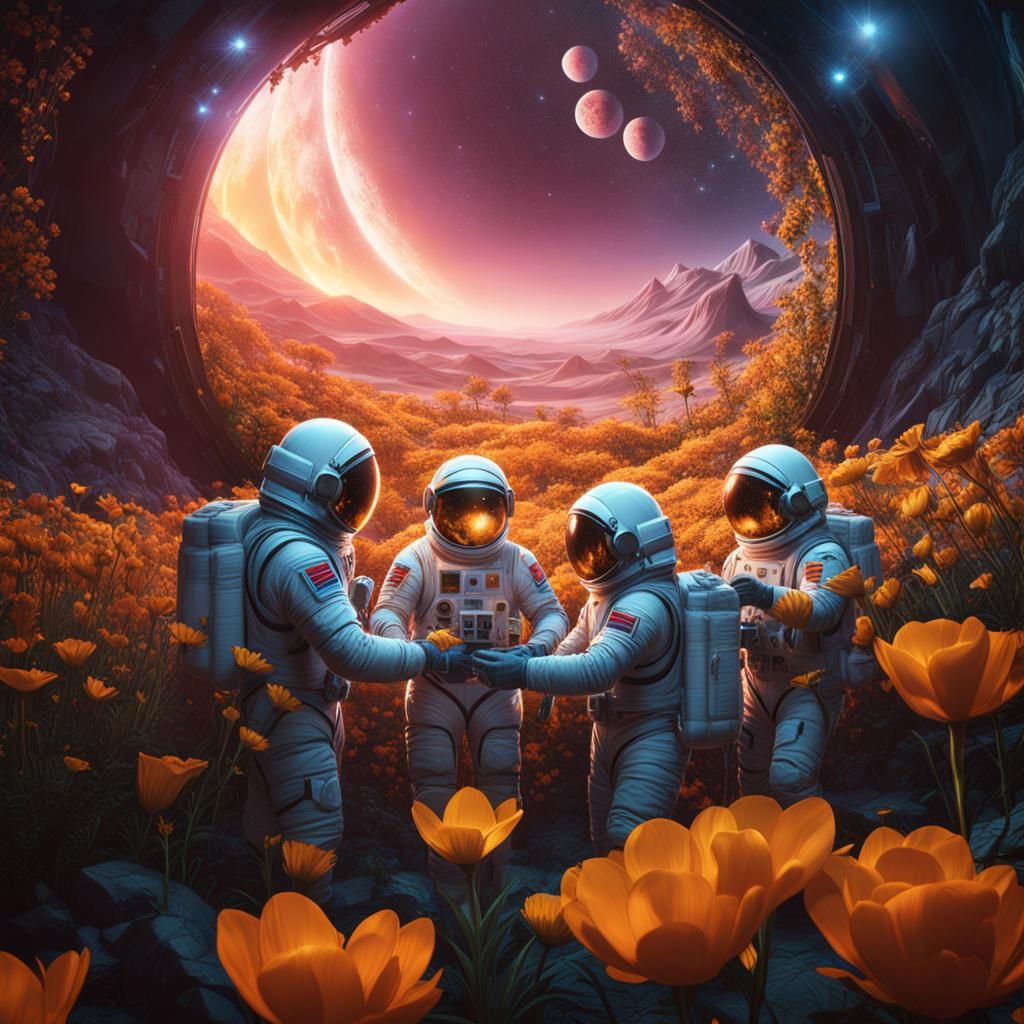 Three men in spacesuits tending to the flowers in a geodesic...
