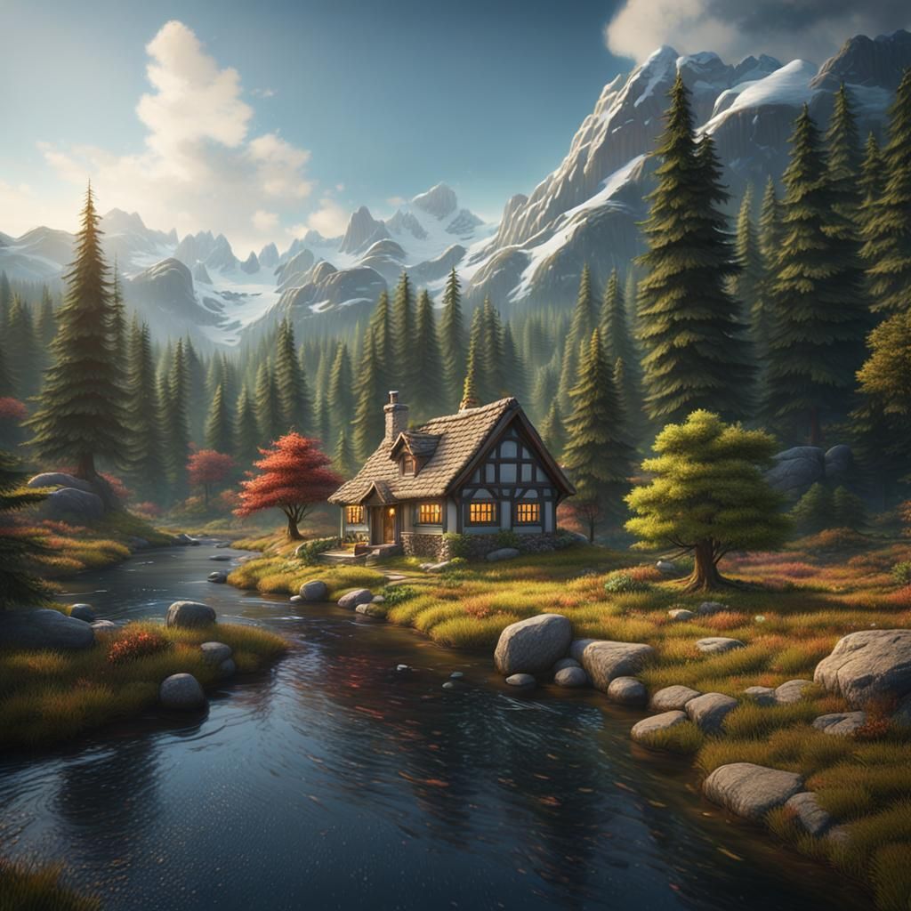 Small cottage in the distance pine forest mountains peaceful...