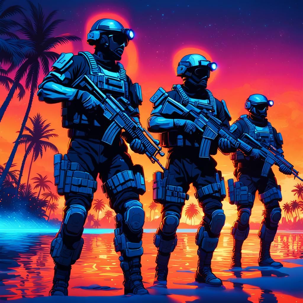 Cyberpunk Soldiers Storming Beach in Neon-Lit Scene