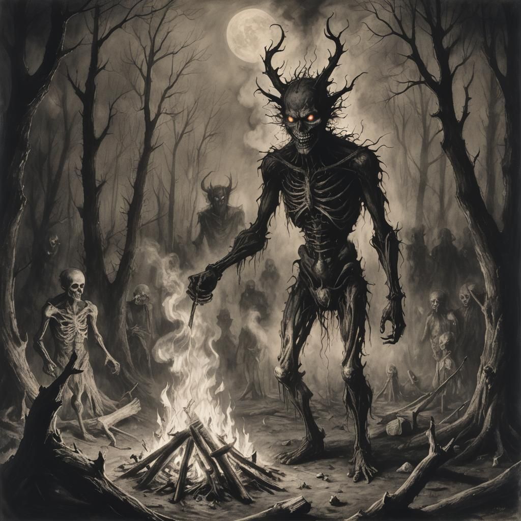 A scary and intricate effigy of a human burning in a haunted...