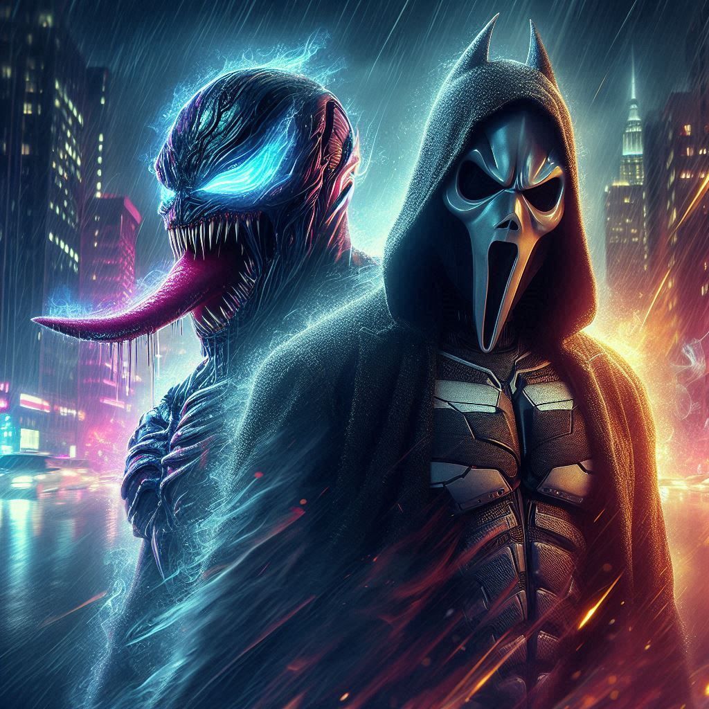 Ghost face and Batman hybrid with neon venom