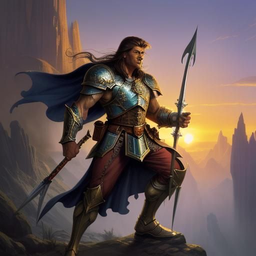 a half elf paladin wielding a spear etched with a falcon.