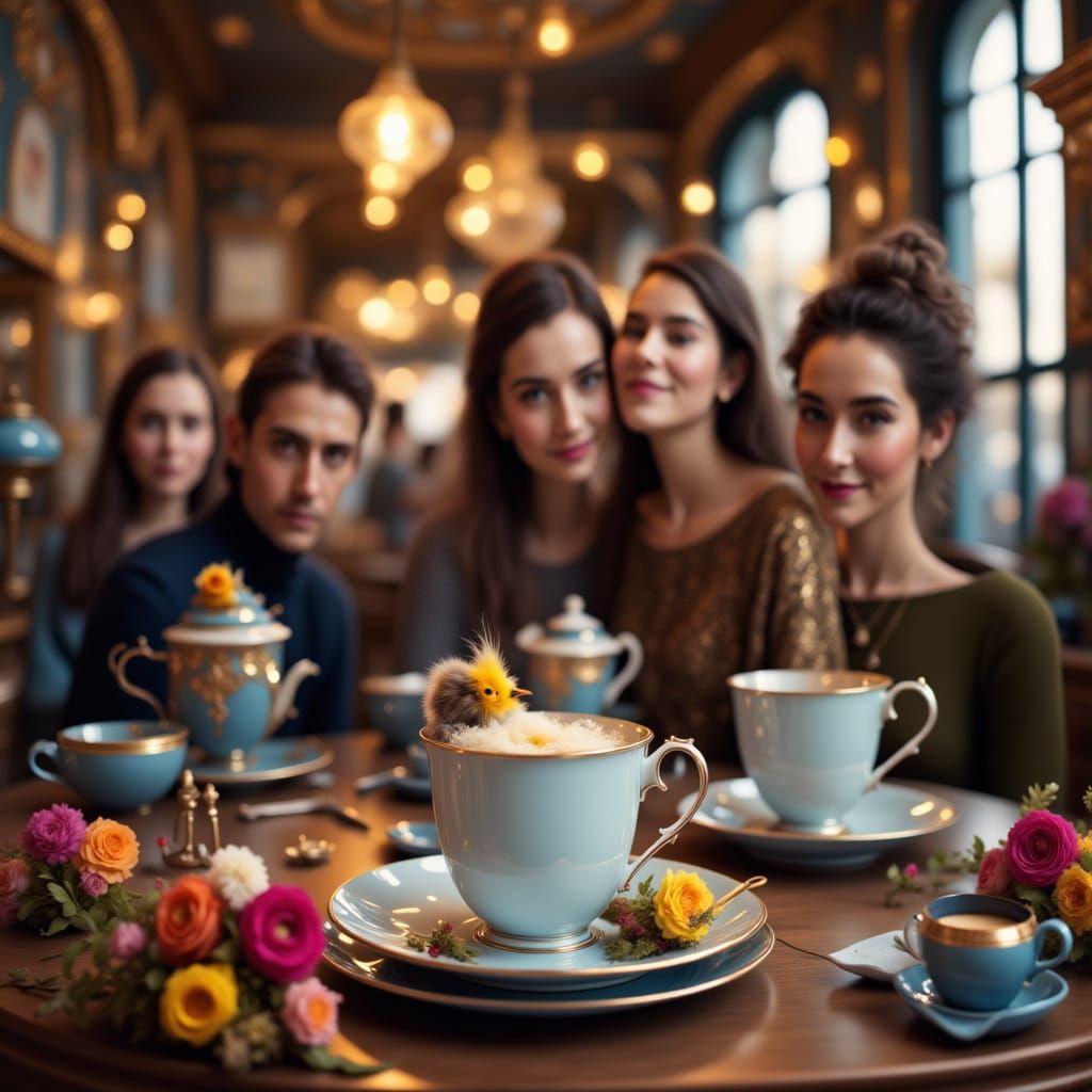 <lora:My-Teacups:1.0>  Three friends in cafe. Close up view of table. top quality, detailed, 4k resolution.