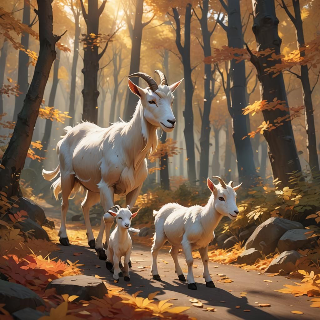 Goat Family in Autumn Forest: Anime 3D Art