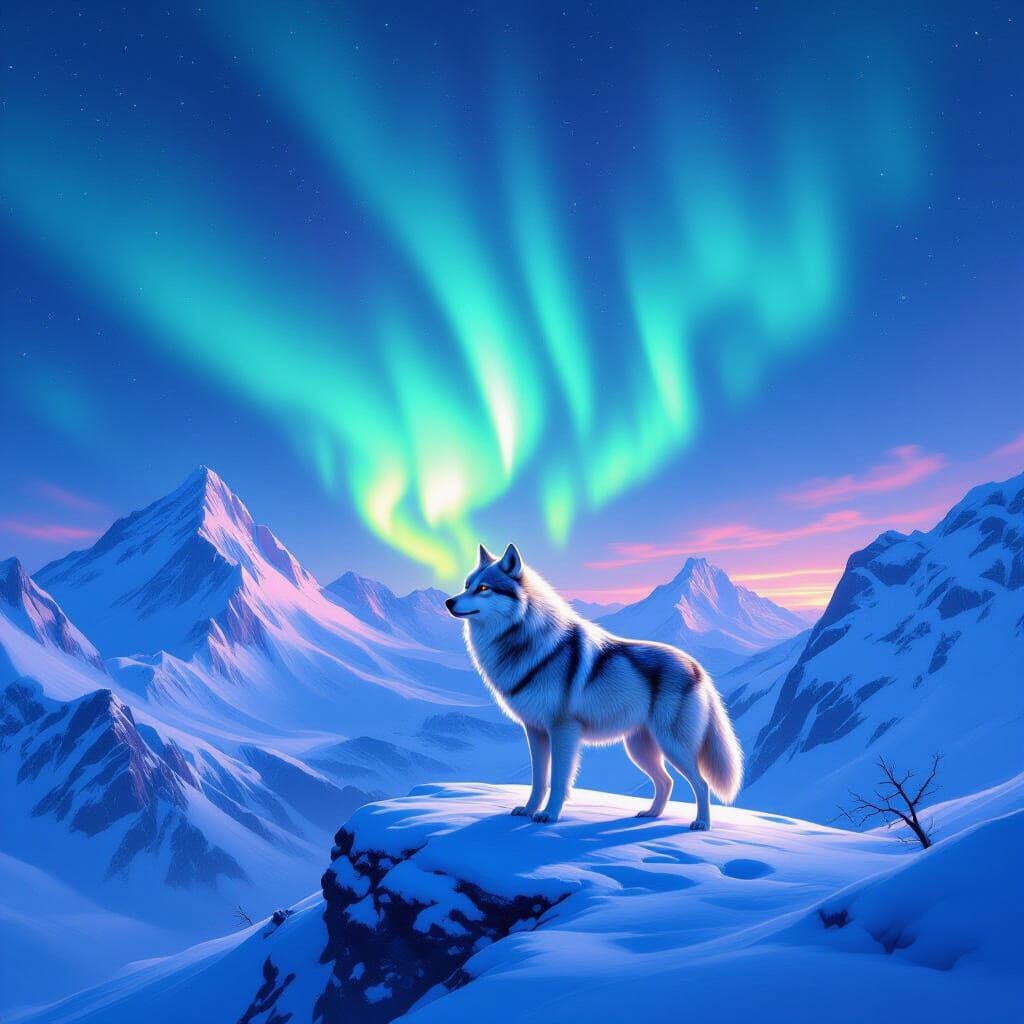 Lone Wolf Under Aurora Borealis on Snowy Peak