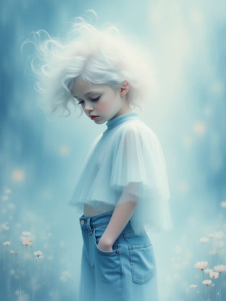 Ethereal Child in Misty Blue Landscape