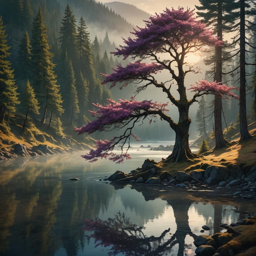 A beautiful river flowing between mountains in the Pacific Northwest one lone cherry tree stands amongst ...  by @undefined