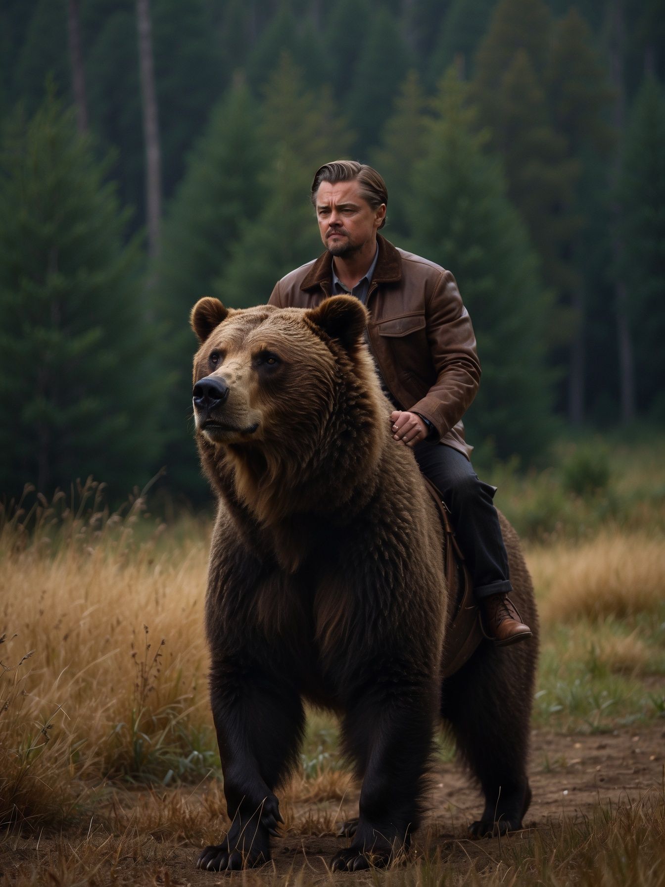 Leonardo DiCaprio riding a bear