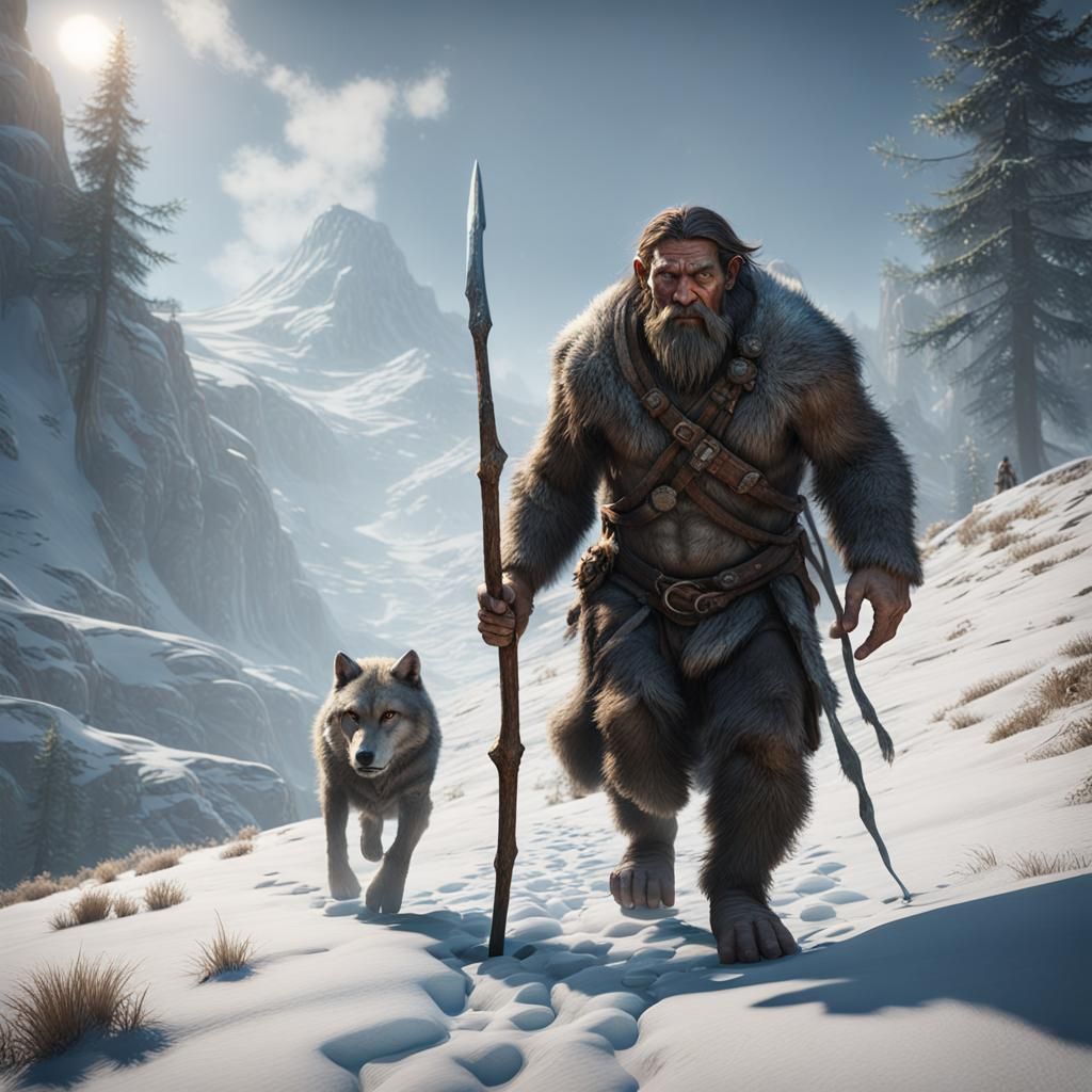 A Neanderthal accompanied by a wolf.  by @Stefan Junghanns