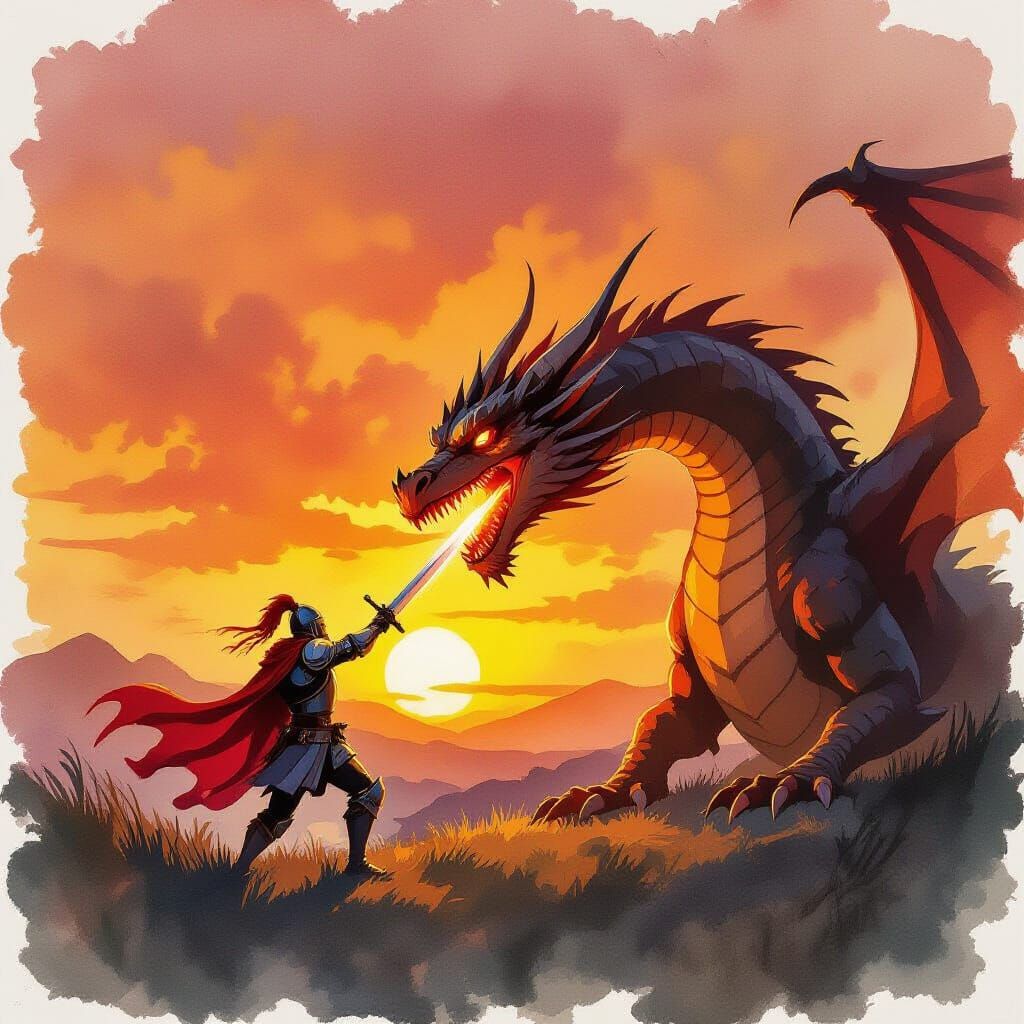 Knight Eaten by Dragon During Fiery Sunset in Watercolor Sty...