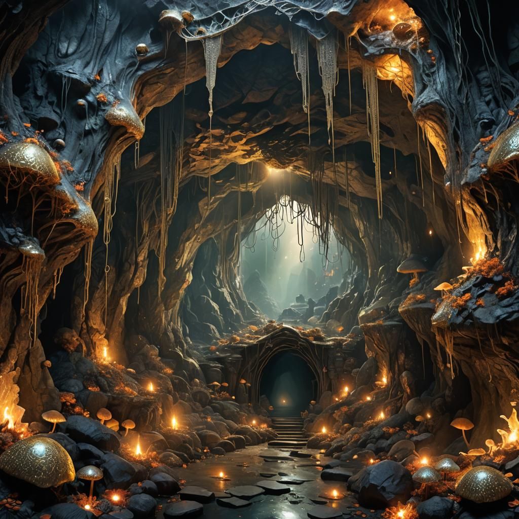 Mystical Cave Entrance Wreathed in Sparkling Webs