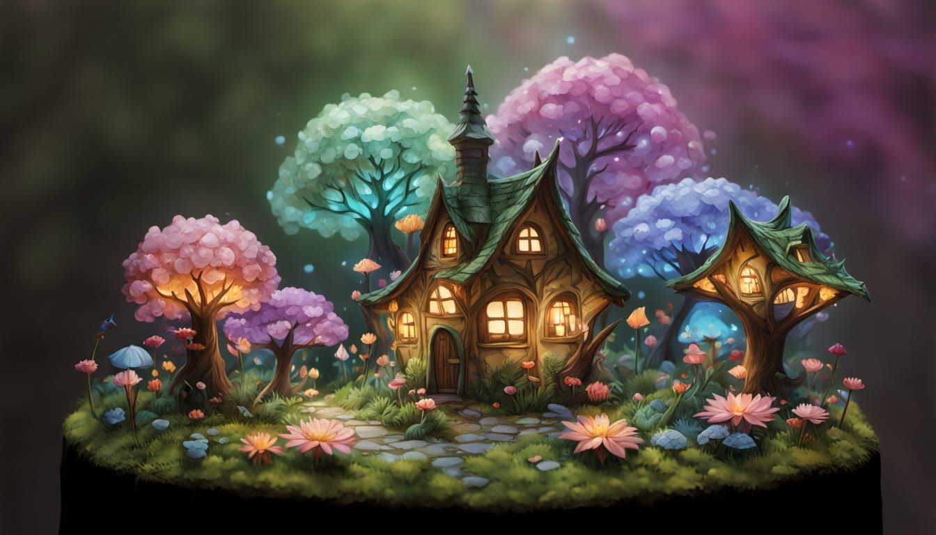  Concept art. A tiny fairy village nestles among colorful flowers in a magical forest. Medium shot. Vibrant, whimsical style. Glowing flower...