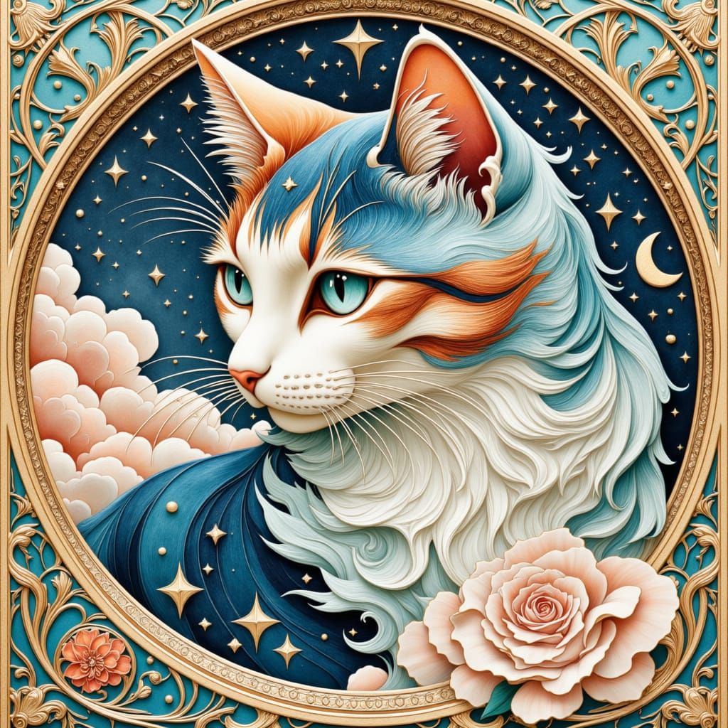 <lora:Catphonse Meowcha:1.0> Stylized full body image of a cat, highly detailed, painted in a water colour painting style with visible brush...