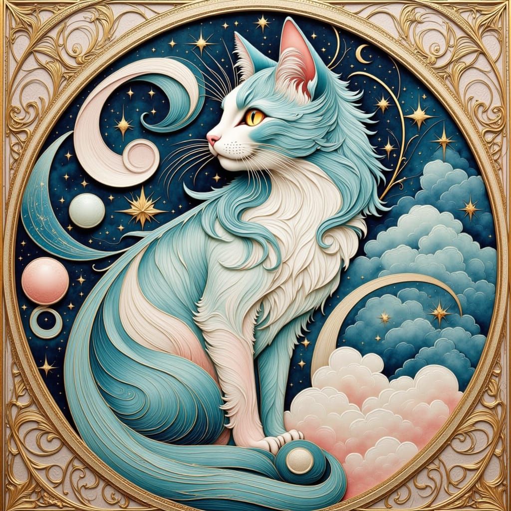 <lora:Catphonse Meowcha:1.0> Stylized full body image of a cat, highly detailed, painted in a water colour painting style with visible brush...