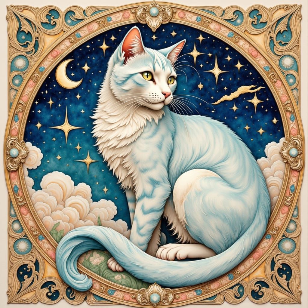 <lora:Catphonse Meowcha:1.0> Stylized full body image of a cat, highly detailed, painted in a water colour painting style with visible brush...