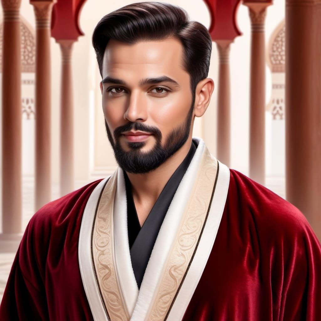 A handsome bearded  man  wearing a      red velours  robe