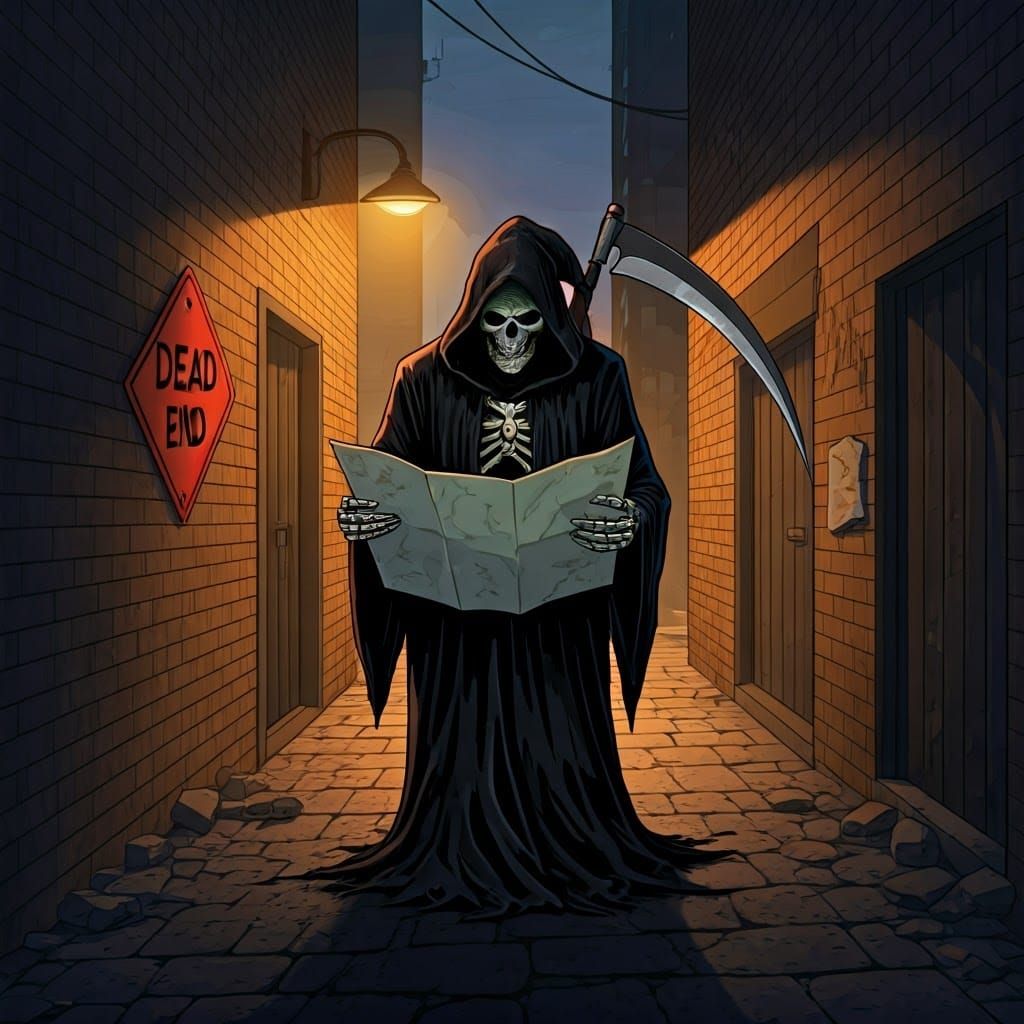 Grim Reaper looking at map, seems lost and to have hit a "DEAD END"  by @undefined