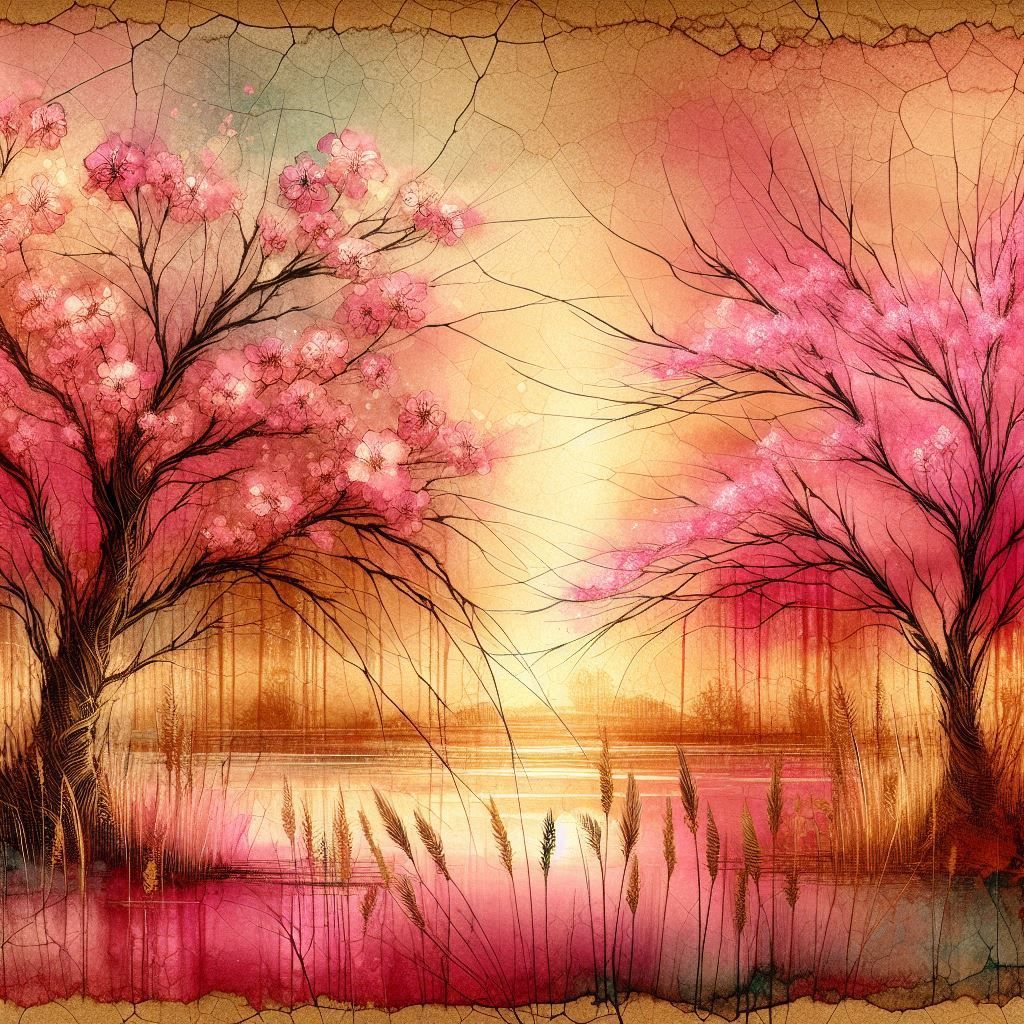 Watercolor Pink and Golden Flowering Trees in a Grassy Meadow  by @Marshas Creative AI Designs