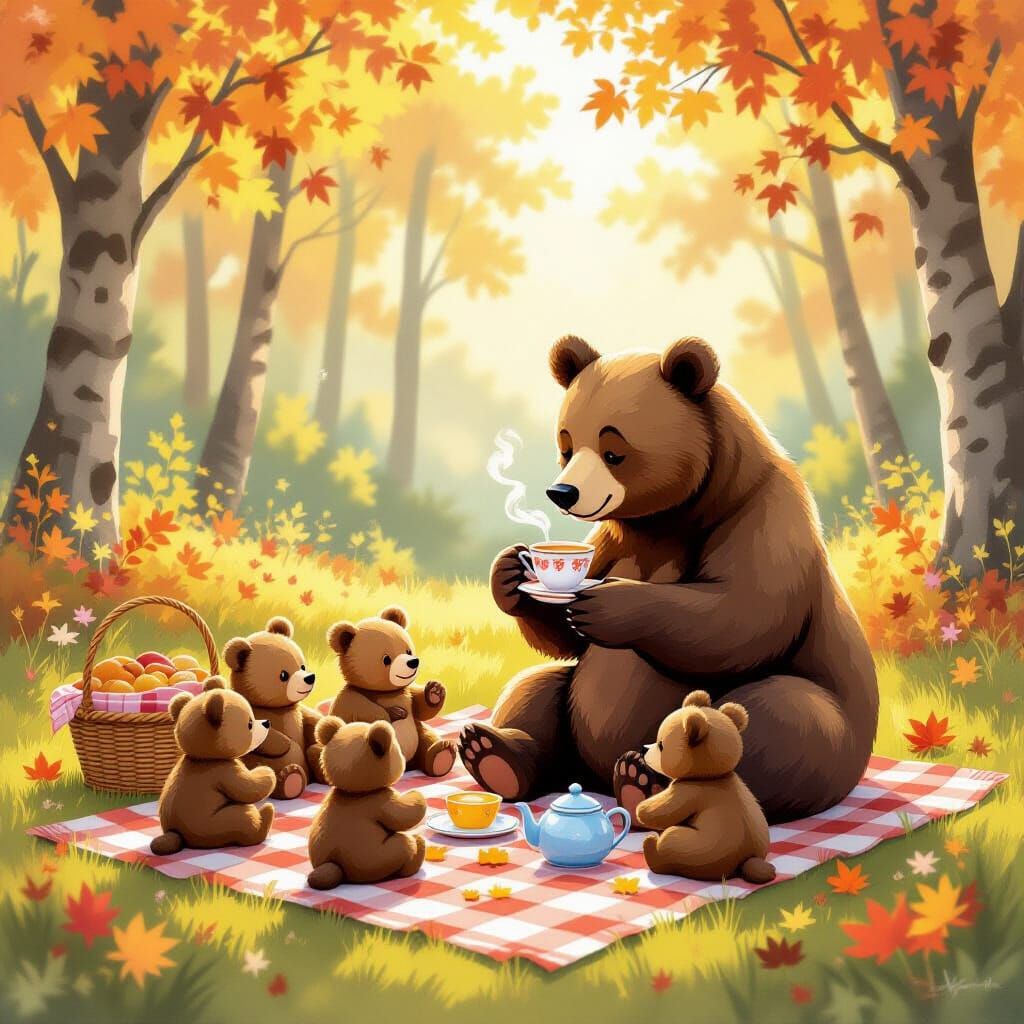Mother Bear and Cubs Enjoy Autumn Picnic in Watercolor Style