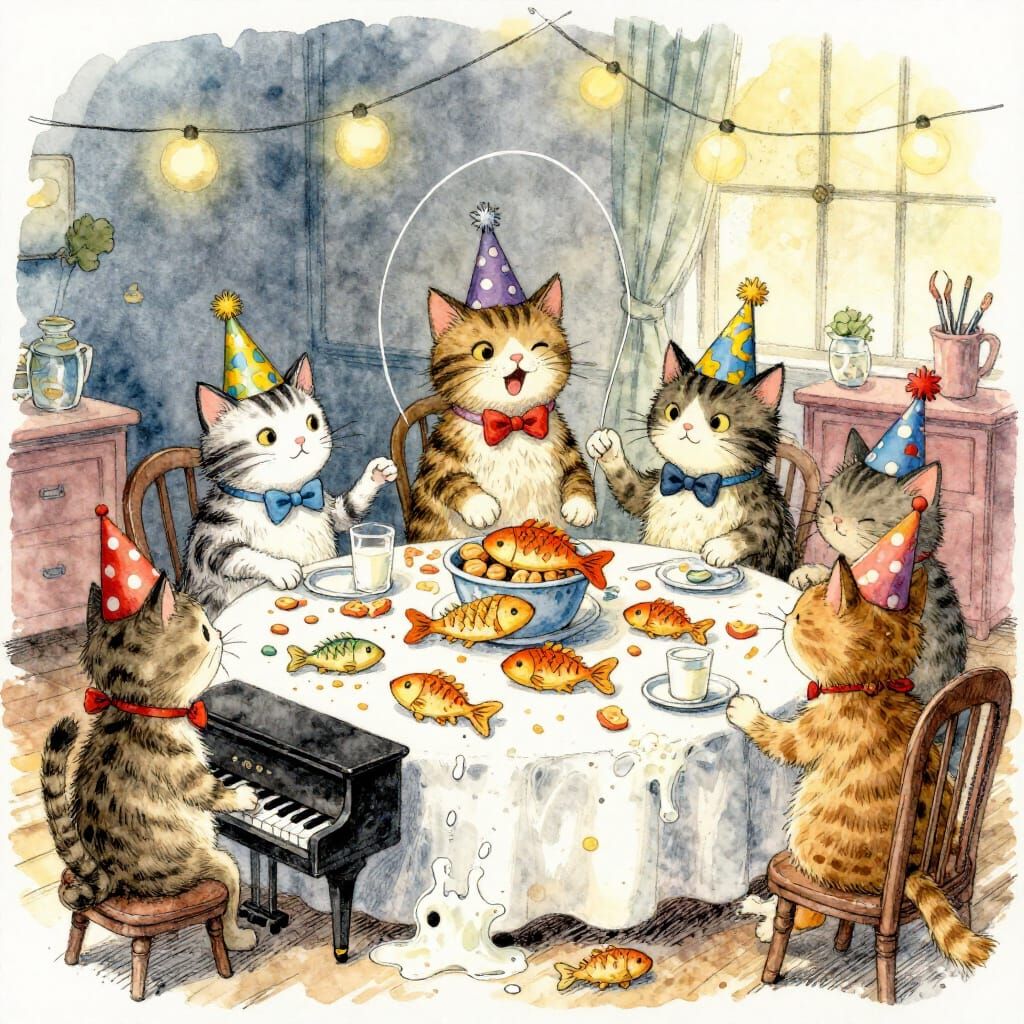 A whimsical scene of cats dressed in tiny party hats and bowties, gathered around a table laden with ...  by @Moonflowerrose