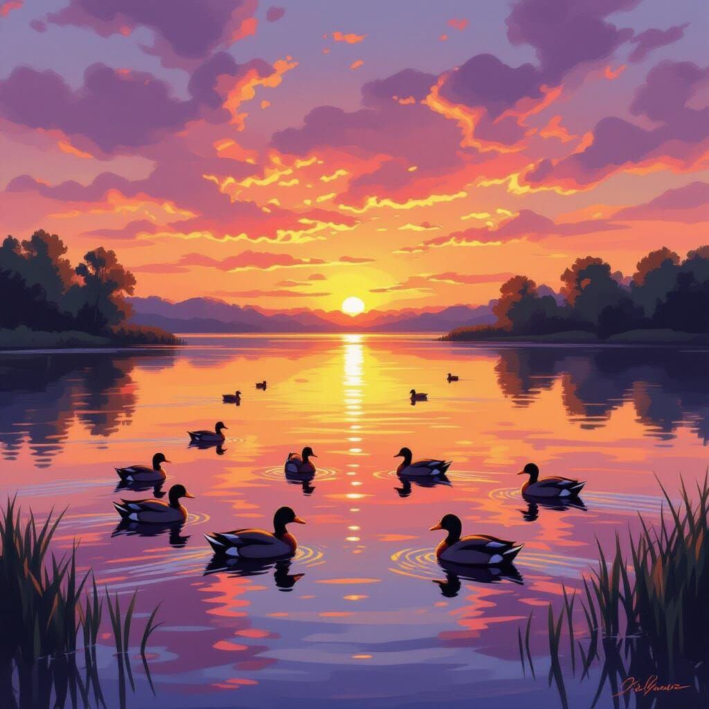 Serene Sunset Lake with Ducks in Romantic Oil Painting Style