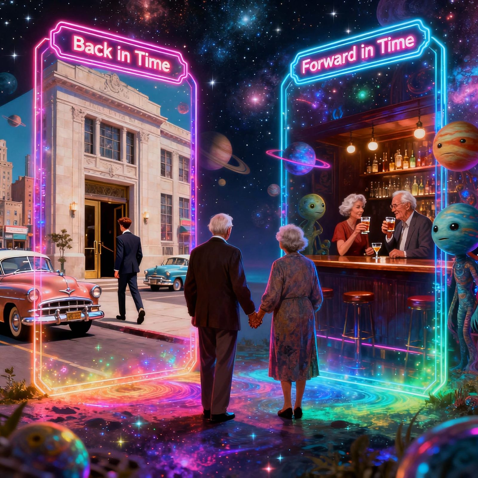 Background is two neon portals. One is labeled "Back in Time...