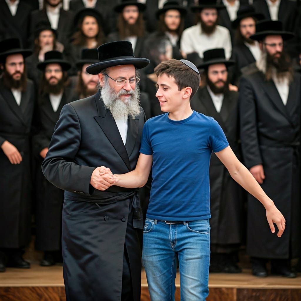 Rebbe Dancing with Secular Israeli in Joyful Scene
